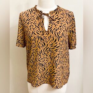 Nine West Brown Black Animal Print Front Tie Ruffle Neck Short Sleeve Top Size L